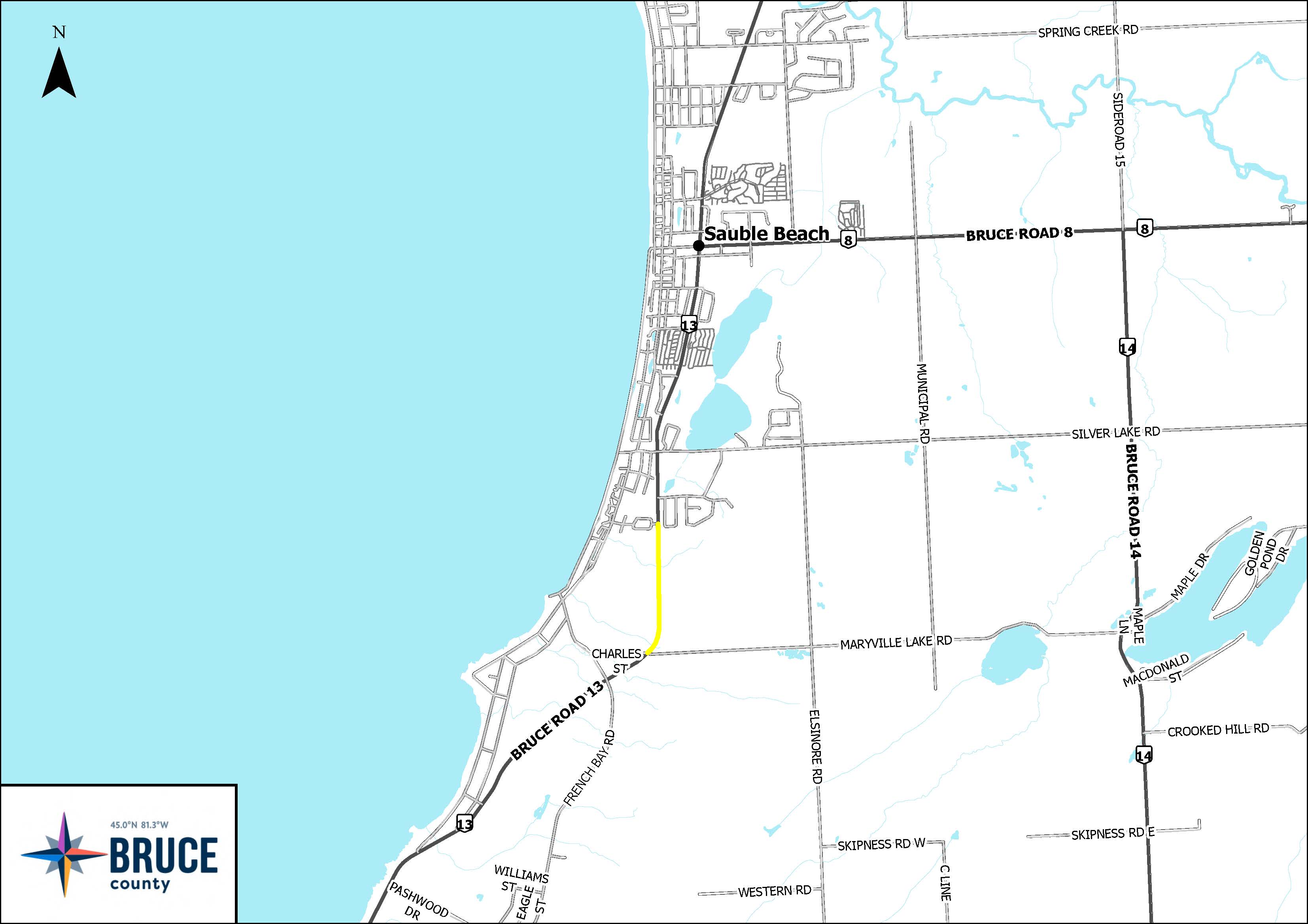 Map of the Sauble Beach area showing Bruce Road 13, with a short section highlighted in yellow between Charles Street and the southern edge of Sauble Beach.