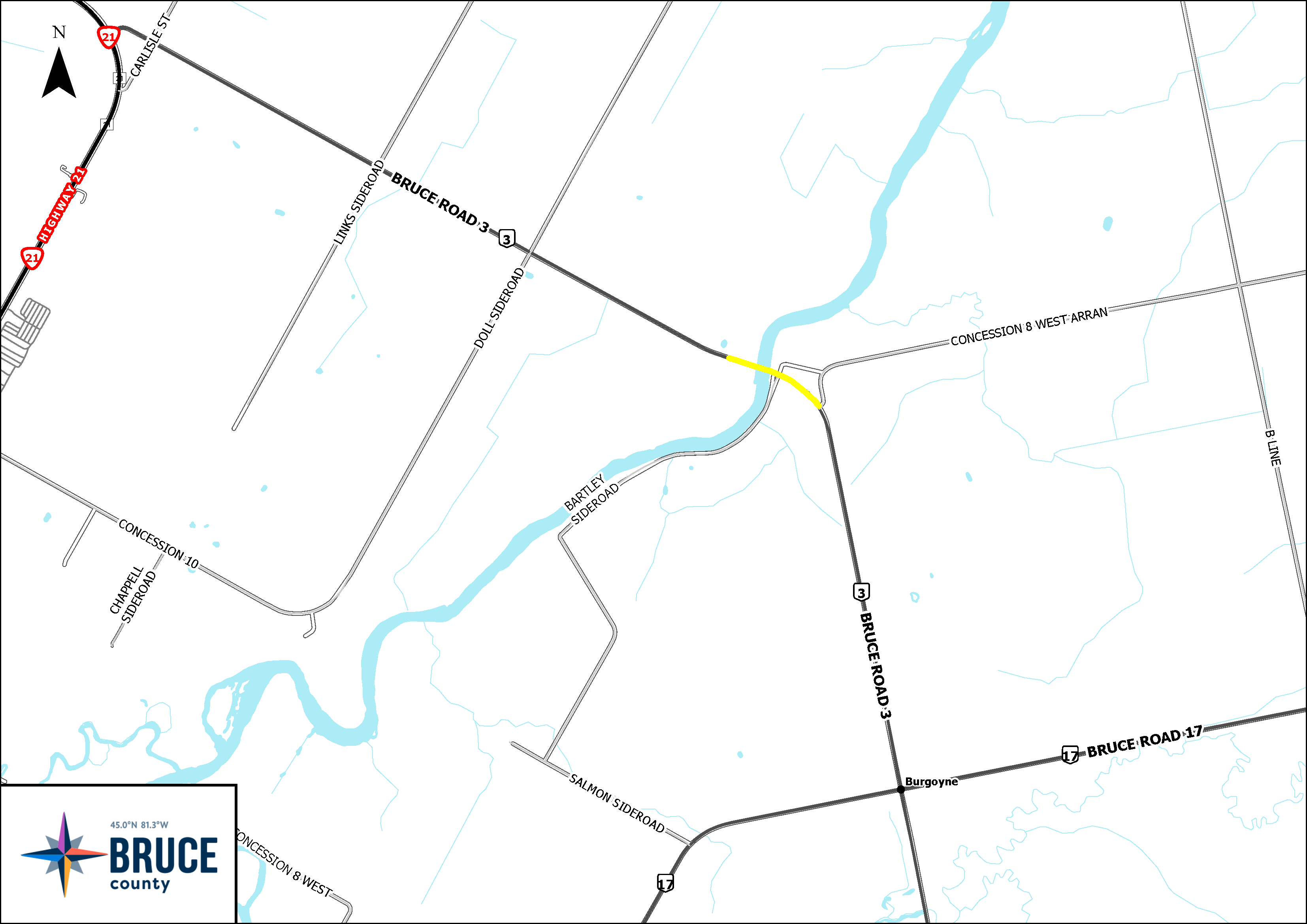 Map showing a temporary road closure on Bruce Road. The closed section is highlighted in yellow and surrounded by local roads, waterways, and route markers. Includes the Bruce County logo.