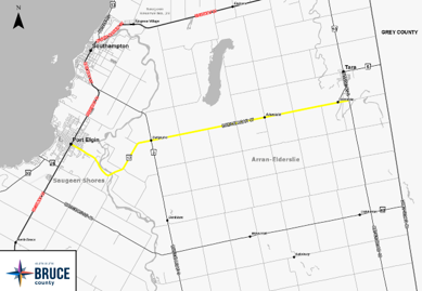 A map with the Bruce County logo in the corner. The map indicates in yellow where asphalt crack sealing will occur on Bruce Road 17 between Highway 21 and Bruce Road 10..