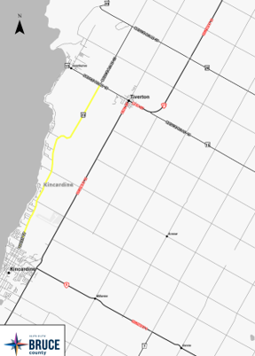 A map with the Bruce County logo in the corner. The map indicates in yellow where asphalt crack sealing will occur on Bruce Road 23 between Kincardine N Boundary to Bruce Road 15.