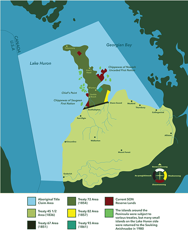 A map illustrating the Saugeen Ojibway Nation Treaties and Current Lands