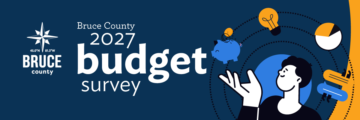 An illustration of an individual gesturing to finance-related icons including a piggy bank, a lightbulb, a pie chart, and dialogue bubbles. The Bruce County logo. TEXT: Bruce County 2027 Budget Survey. 
