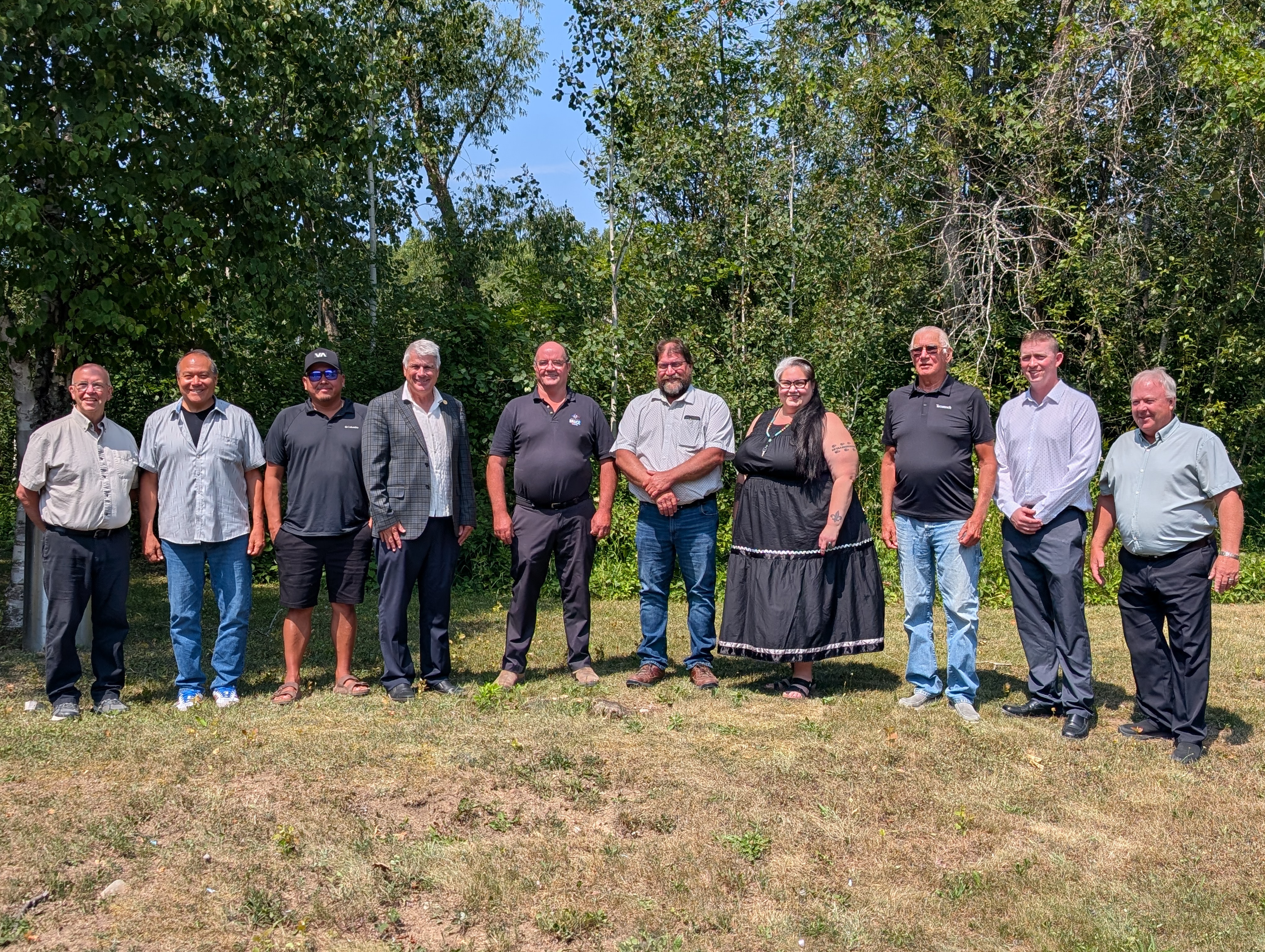 Members of Saugeen First Nation, Chippewas of Nawash Unceded First Nation, and Bruce County Council gathered for a joint meeting on July 31, 2026. From left: Kenneth Craig, Bruce County Councillor; Darren Johnston, Chippewas of Nawash Councillor, Conrad Ritchie, Saugeen First Nation Chief; Chris Peabody, Bruce County Councillor; Don Murray, Bruce County Deputy Warden; Mark Goetz, Bruce County Councillor; Janine Manning, Chippewas of Nawash Councillor; Gregory Nadjiwon, Chippewas of Nawash Councillor; Steve Hammell and Jay Kirkland, Bruce County Councillors.