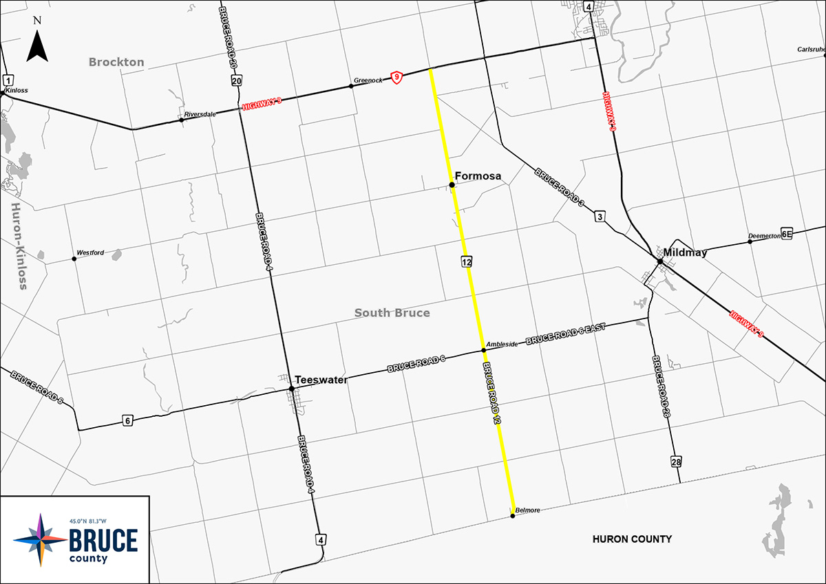 A map with the Bruce County logo in the corner. The map indicates in yellow where asphalt crack sealing will occur on Bruce Road 12 between Highway 9 and Huron Bruce Road.