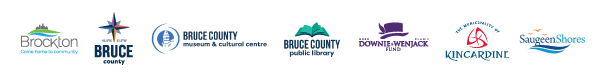 Logos for Brockton, Bruce County, Bruce County Museum & Cultural Centre, Bruce County Public Library, Gord Downie & Chanie Wenjack Fund, Municipality of Kincardine, and Saugeen Shores.