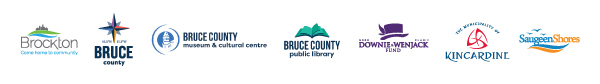 Logos for Brockton, Bruce County, Bruce County Museum & Cultural Centre, Bruce County Public Library, Gord Downie & Chanie Wenjack Fund, The Municipality of Kincardine, and Saugeen Shores.