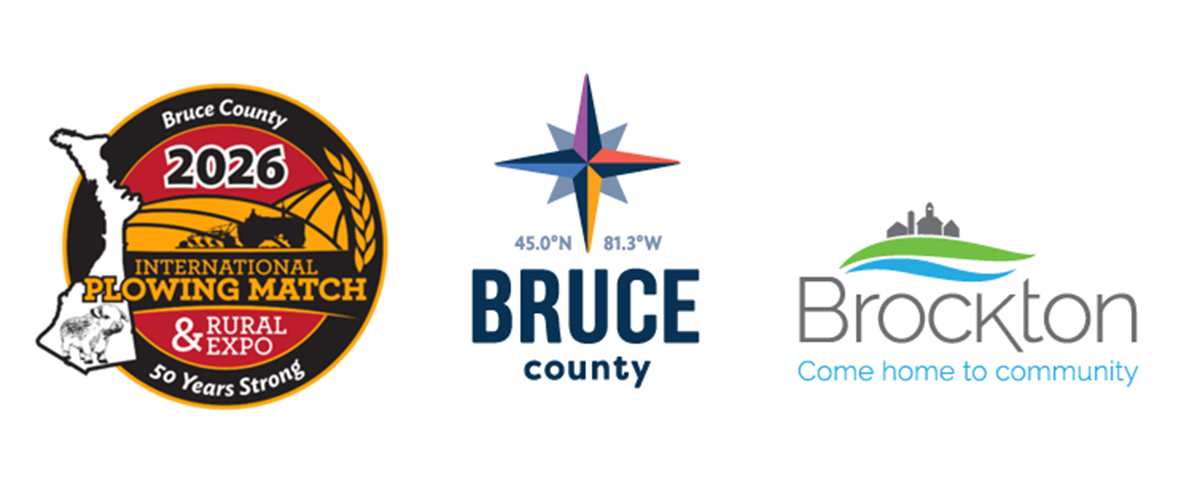 Logos for the 2026 International Plowing Match & Rural Expo, Bruce County, and Brockton.