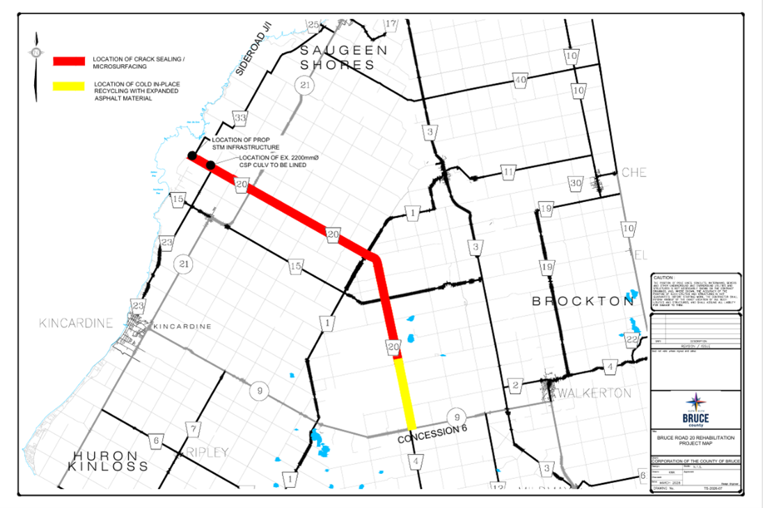 An illustrated map indicating construction areas on Bruce Road 20.