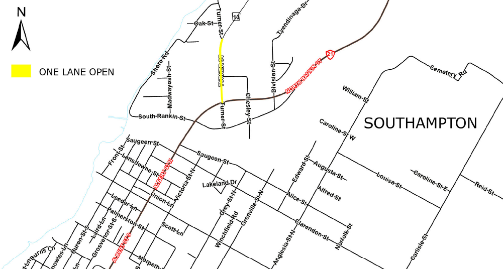 An illustrated map of Southampton, Ontario, with a section of Bruce Road 13 between Highway 21 and Turner Street marked in yellow to indicate alternating lane closures for culvert replacement work on May 20, 2026.