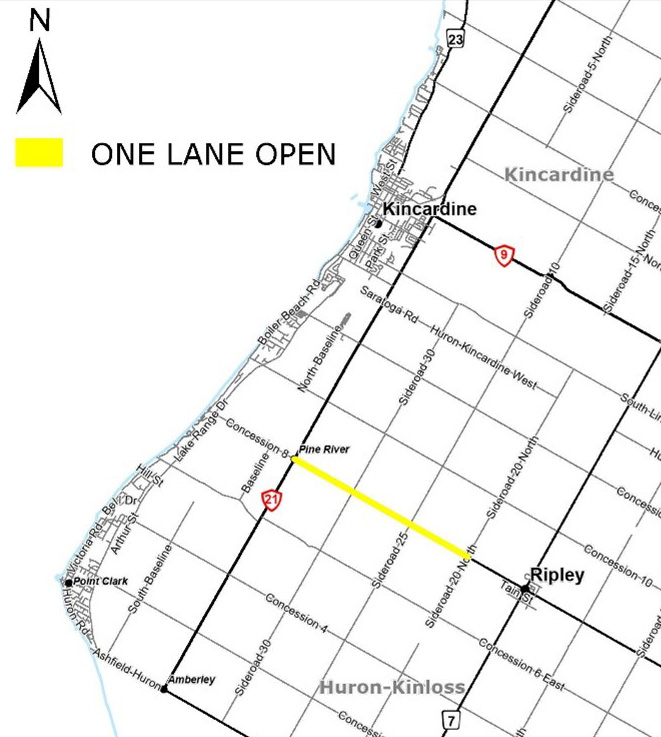 An illustrated map with an area marked in yellow to indicate the section of Bruce Road 6 between Highway 21 and Sideroad 20 N. that will have construction work.