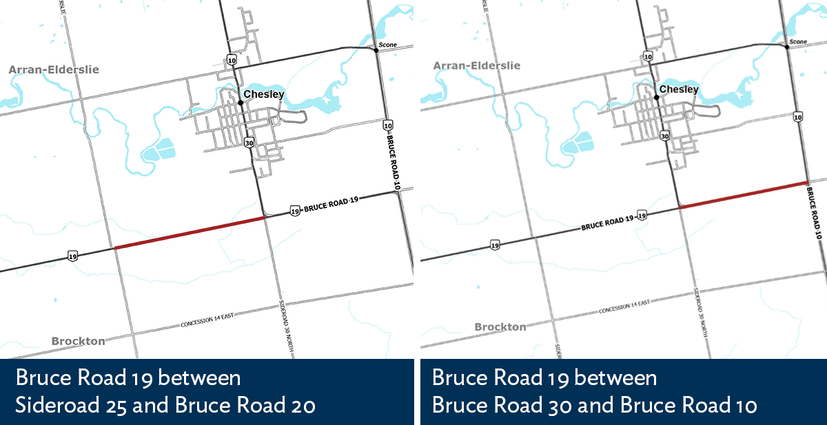 Two illustrated aerial maps indicating construction areas in red. Left map indicates the closure on Bruce Road 19 between Sideroad 25 and Bruce Road 20. Right map indicates the closure on Bruce Road 19 between Bruce Road 30 and Bruce Road 10.