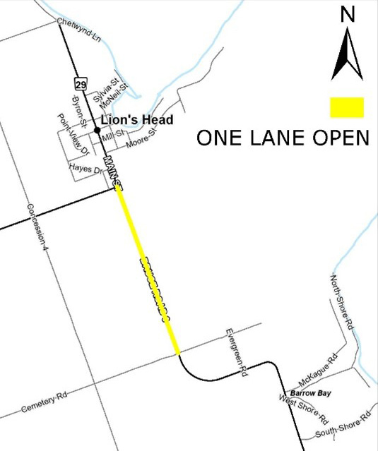 An Illustrated map with a section of Bruce Road 9 marked in yellow between Ferndale Road and Cemetery Road that will have consturction work.