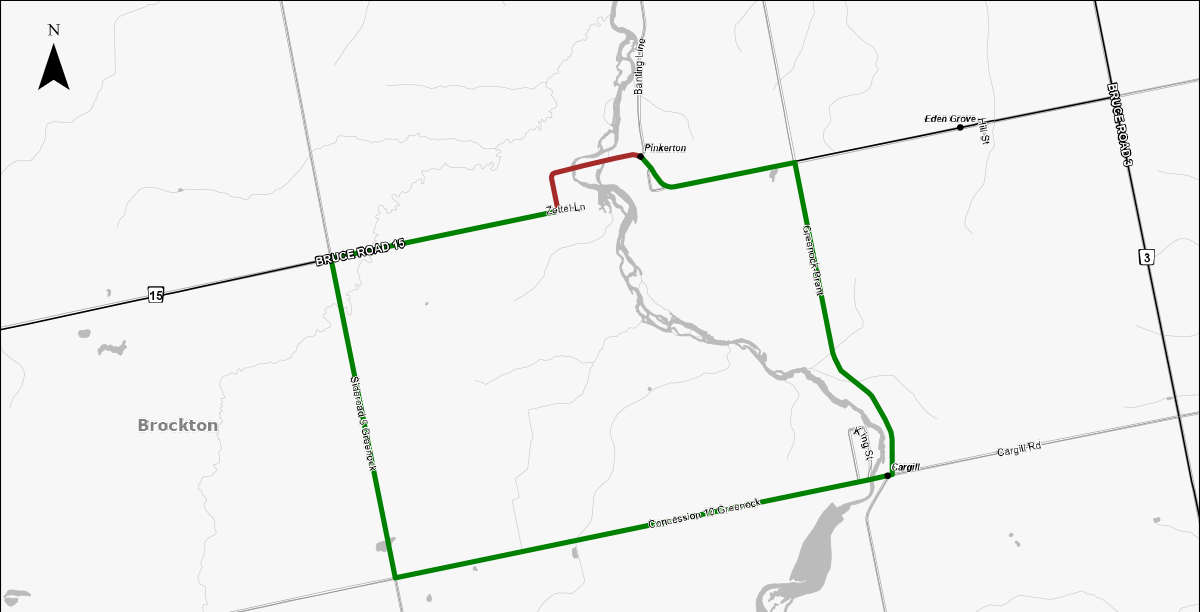An illustrated aerial map indicating the Bruce Road 15 road closure between Zettle Lane and Banting Line in Pinkerton.