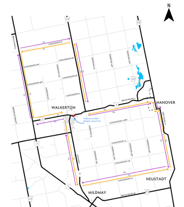 An illustrated map indicating detour routes during Durham Street Bridge construction.
