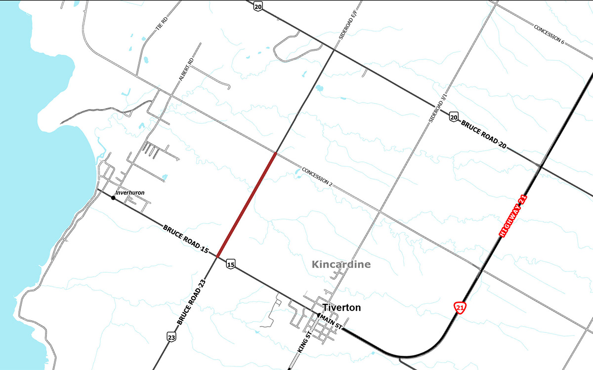 An illustrated aerial map indicates construction area in red on Bruce Road 23 between Bruce Road 15 and Concession 2.