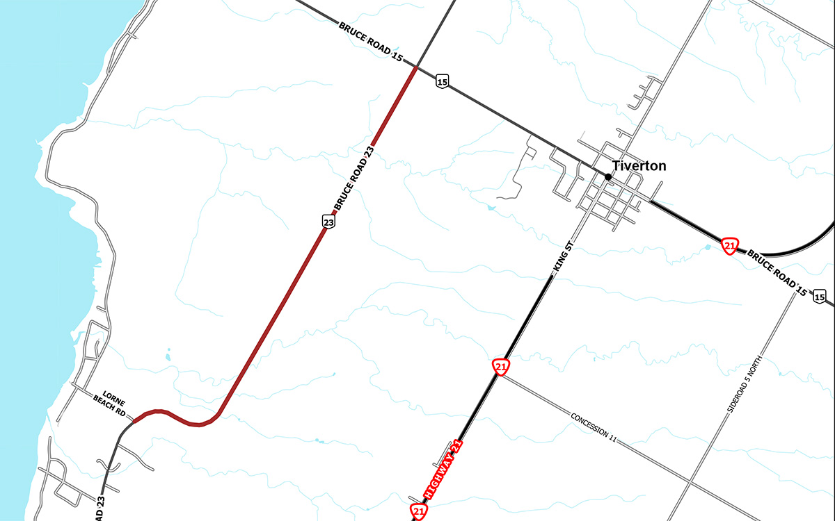 An illustrated aerial map indicates construction area in red on Bruce Road 23 between Bruce Road 15 and Lorne Beach Road. 