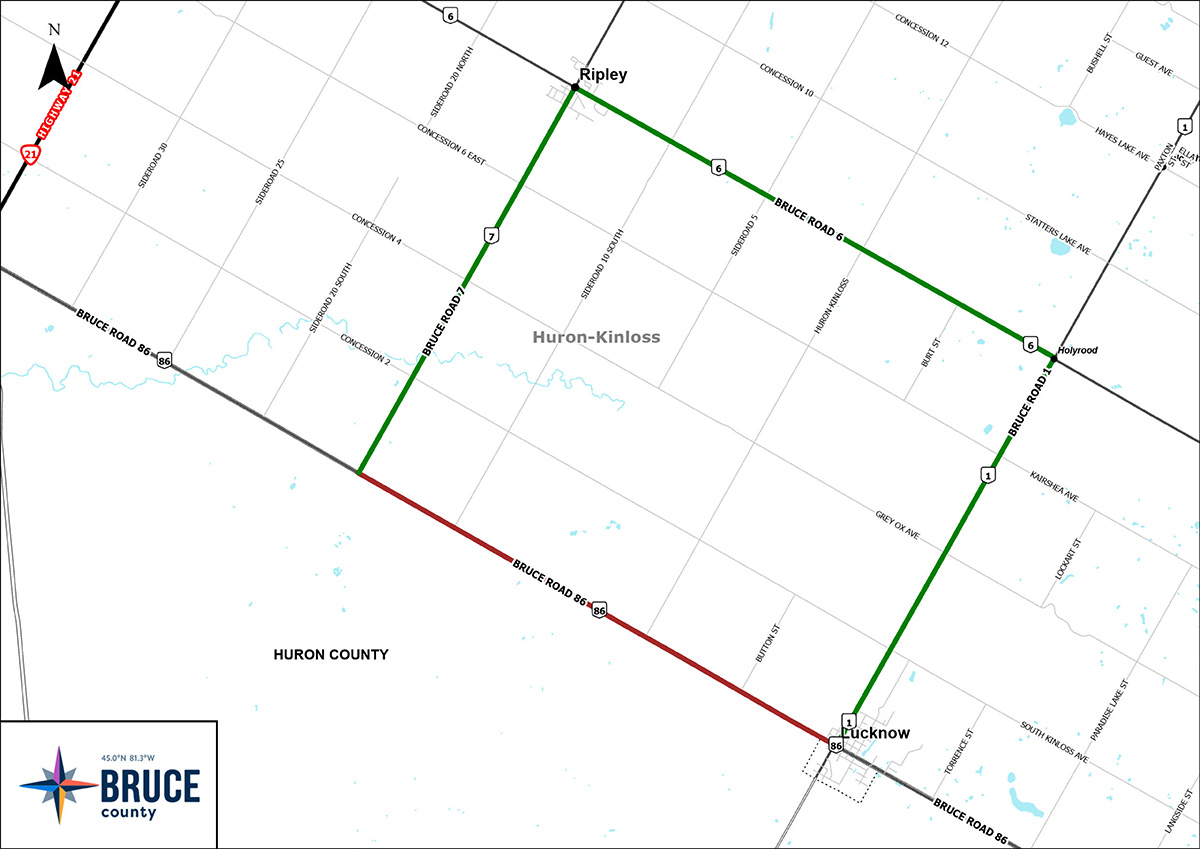 An illustrated aerial map indicating the road closure for construction on Bruce Road 86 between Bruce Roads 1 and 7 in red. The Bruce County logo. 