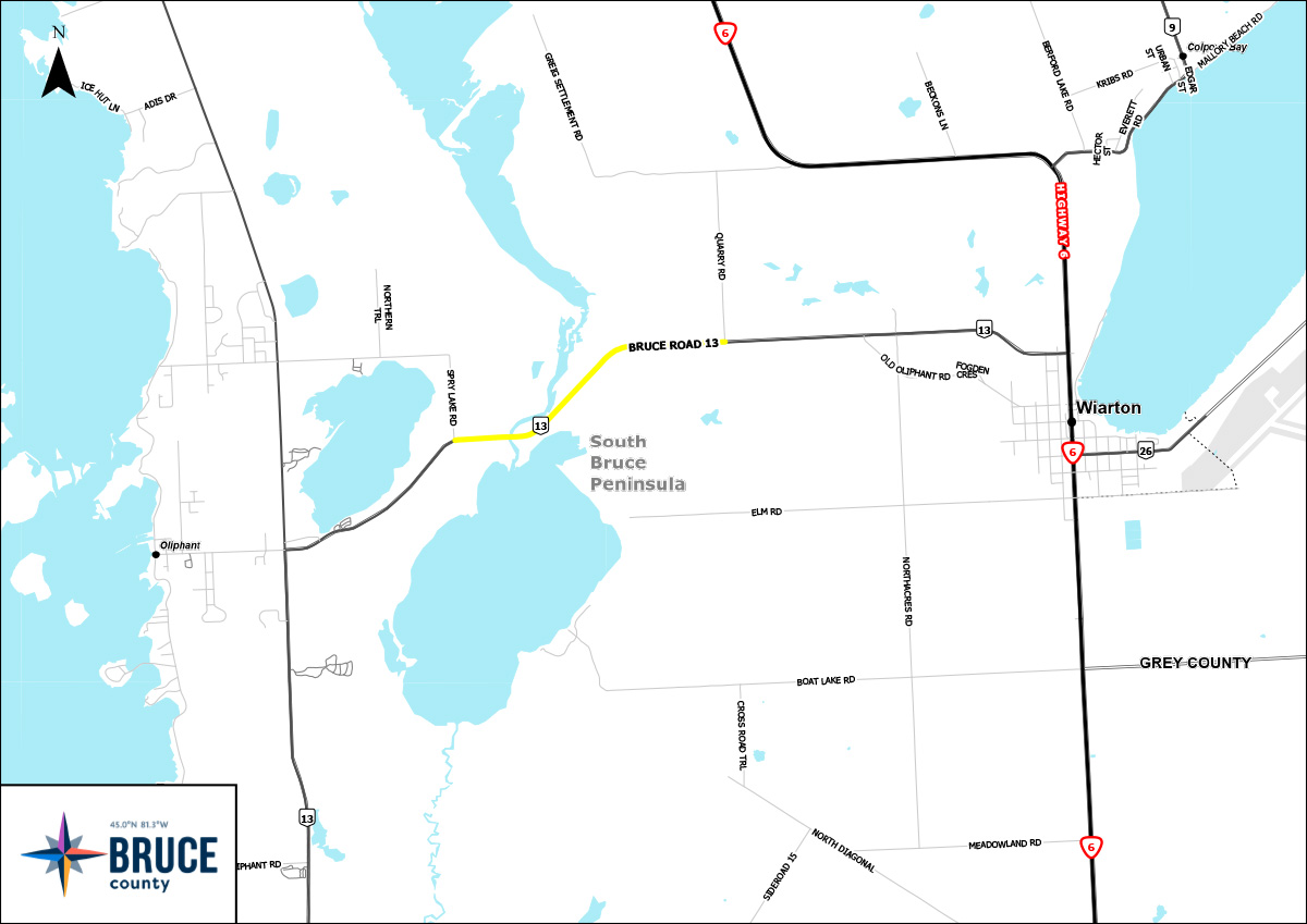 An illustrated aerial map indicating construction on Bruce Road 13 between Quarry Road and Spry Lake Road in yellow. The Bruce County logo. 
