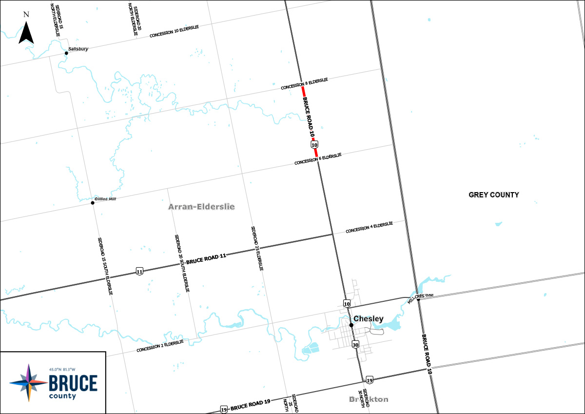 An illustrated aerial map indicates construction area in red on Bruce Road 10 between Concession 6 Elderslie and Concesion 8 Elderslie.