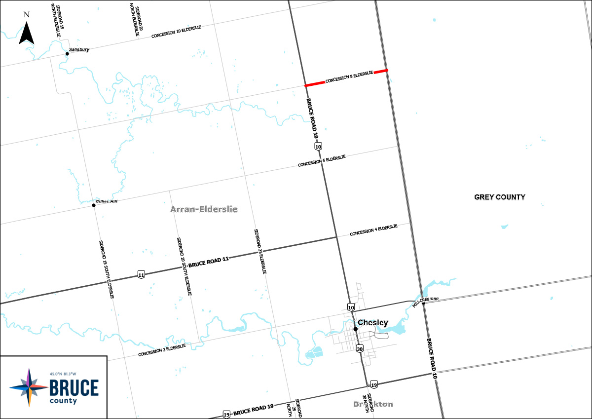 An illustrated aerial map indicates construction area in red on Concession 8 Elderslie between Bruce Road 10 and Grey Bruce Line. 