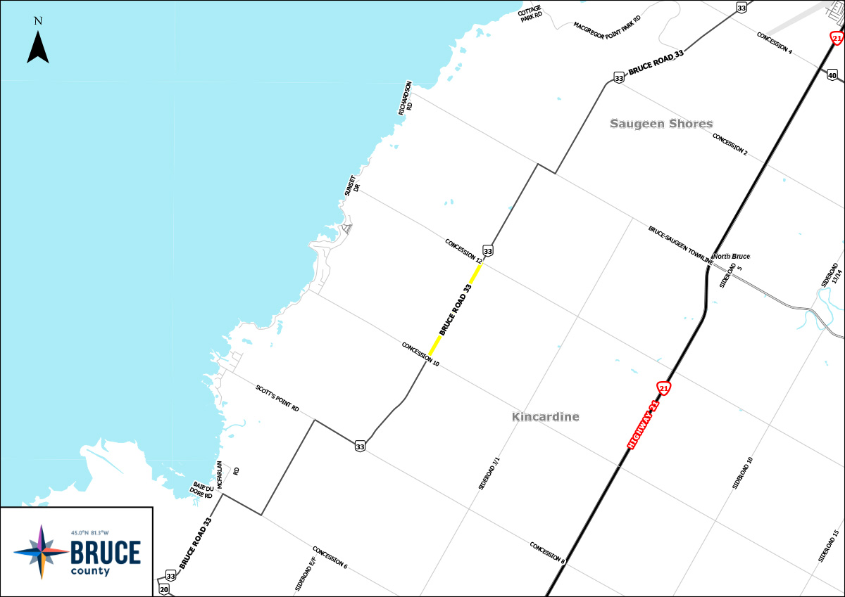 An illustrated aerial map indicating construction on Bruce Road 33 between Concessions 10 and 12 in yellow. The Bruce County logo. 