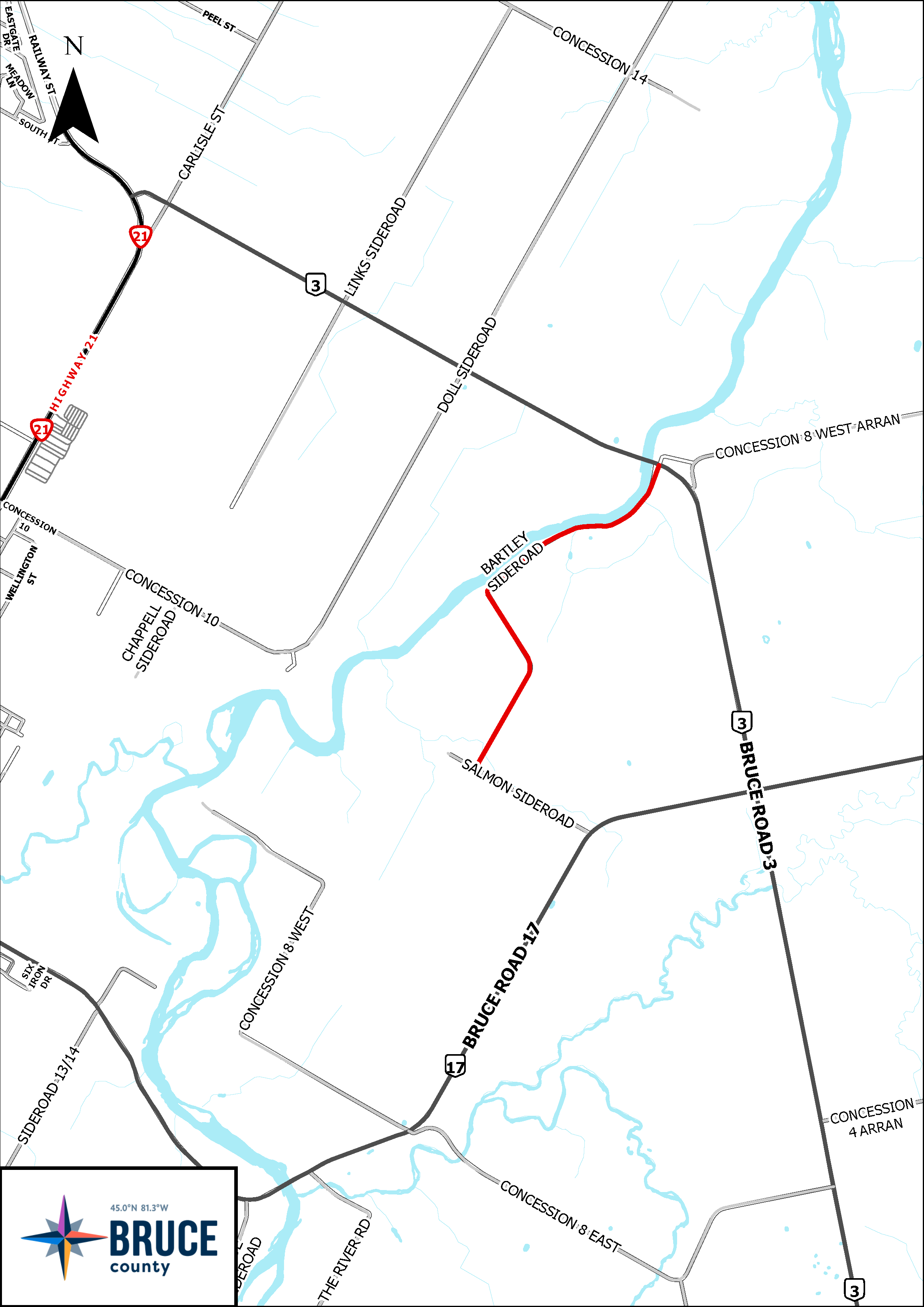 A map indicates a construction area in red on Bartley sideroad between Bruce Road 3 and Salmon sideroad.