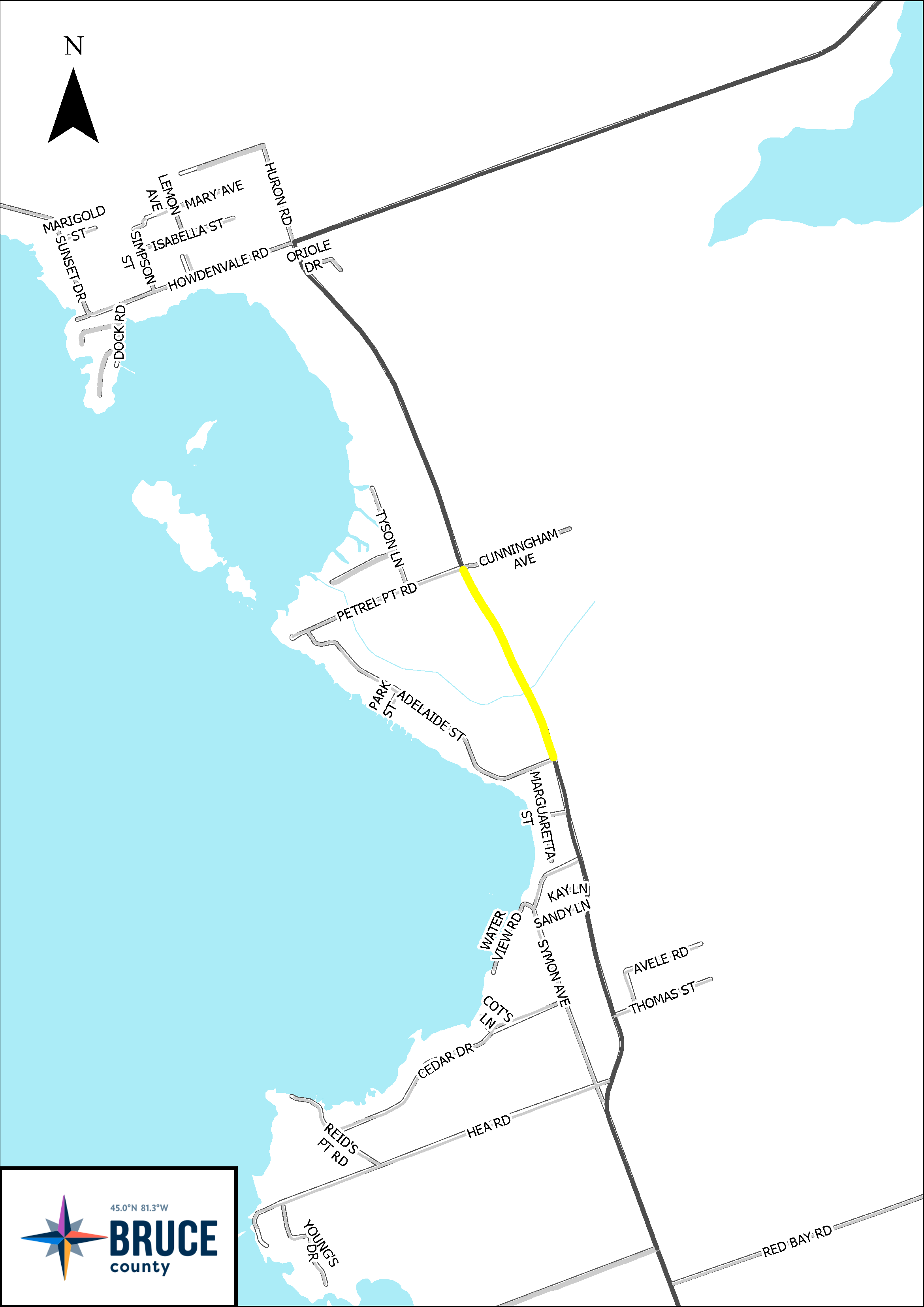 on West Road between Adelaide Street and Petrel Point Road in yellow.