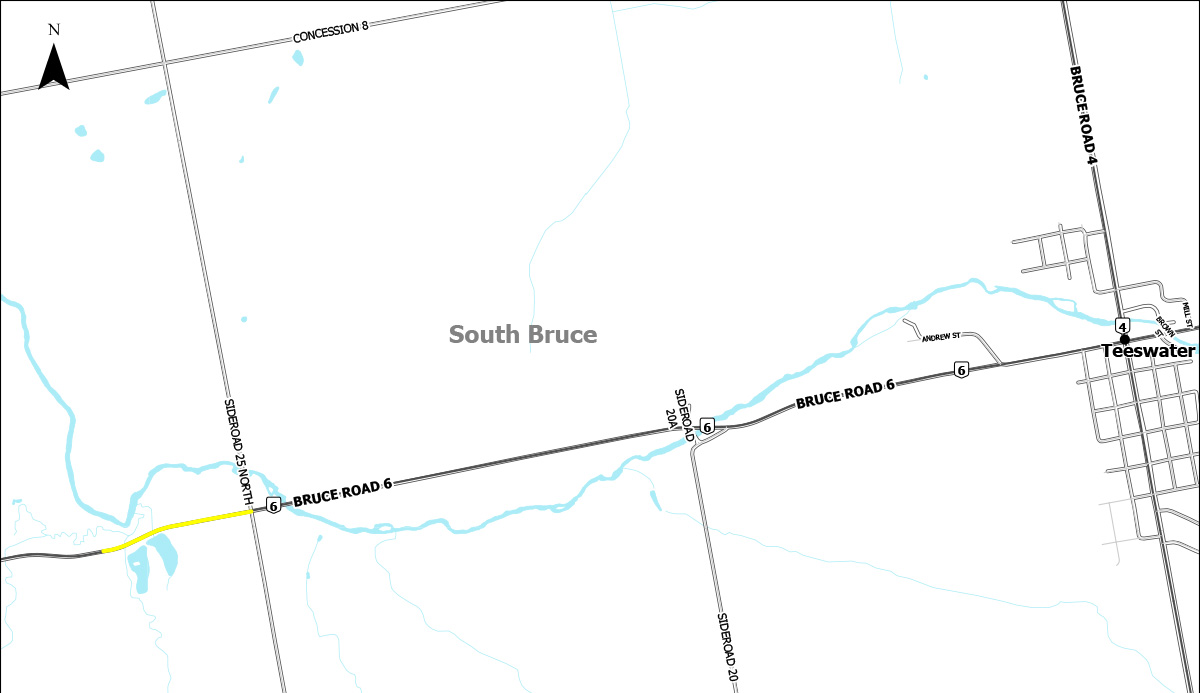  A map indicating road construction on Bruce Road 6 in yellow.