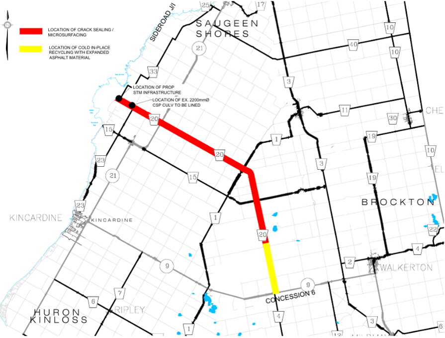 An aerial map with crack sealing/microsurfacing marked in red and cold in-place recycling with expanded asphalt material in yellow for Bruce Road 20.