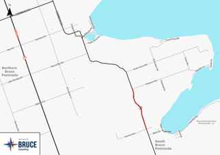 The map indicates a section of construction on Bruce Road 9. The area between Hopeness Road and Cameron Road is marked in red indicating a full road closure. The Bruce County logo.