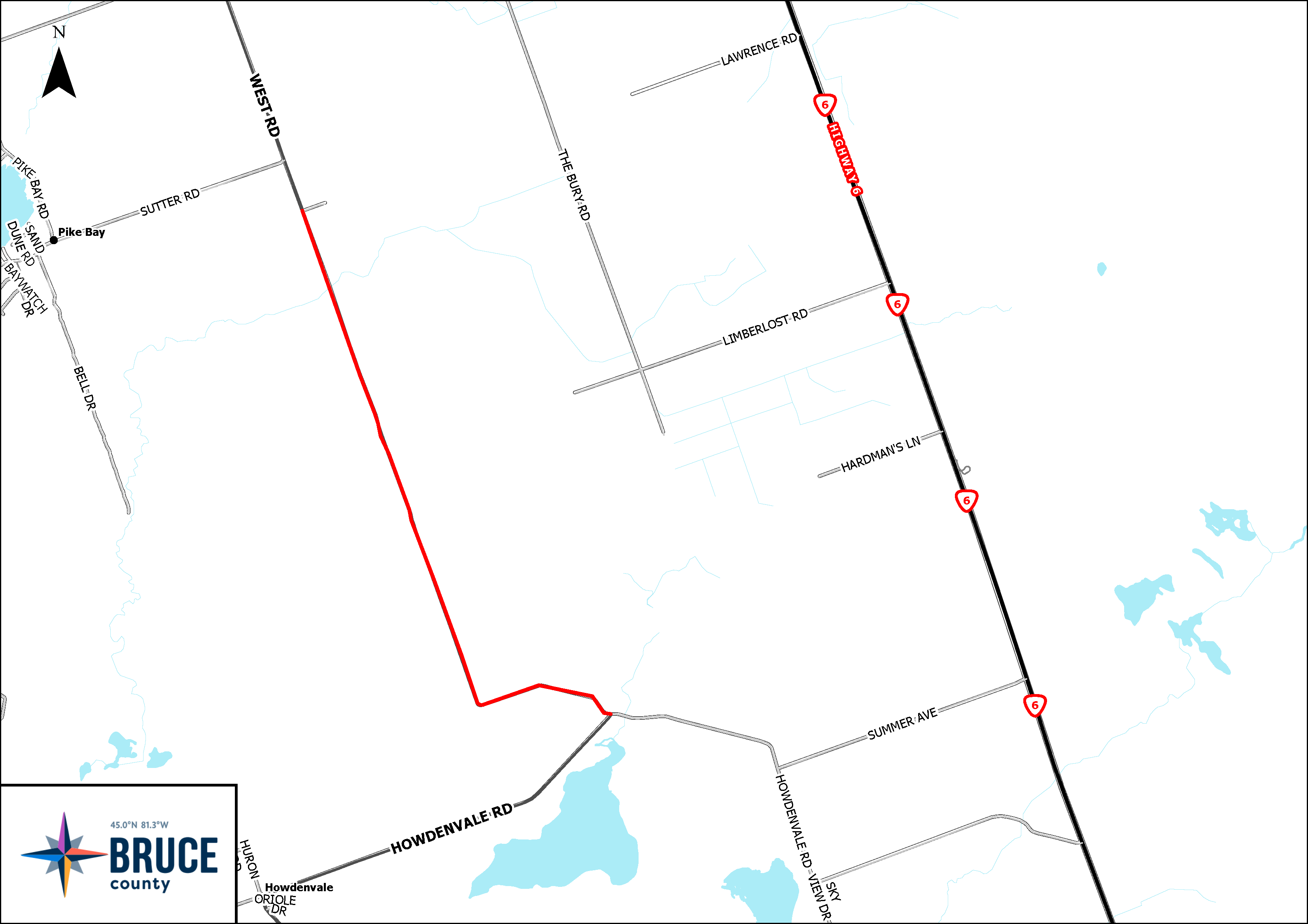 Map showing the temporary closure of West Road between Sutter Road and Howdenvale Road. The closed section is highlighted in red near Pike Bay and Howdenvale. Includes surrounding roads, Highway 6, and the Bruce County logo.