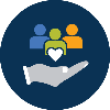 strategic community initiatives icon - 3 silhouttes of people with a heart above a hand