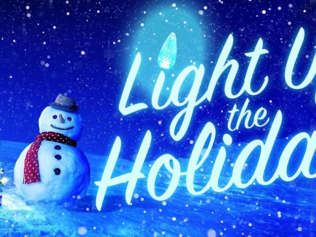 A snowman next to a Christmas tree under a starry sky. TEXT: Light Up the Holidays