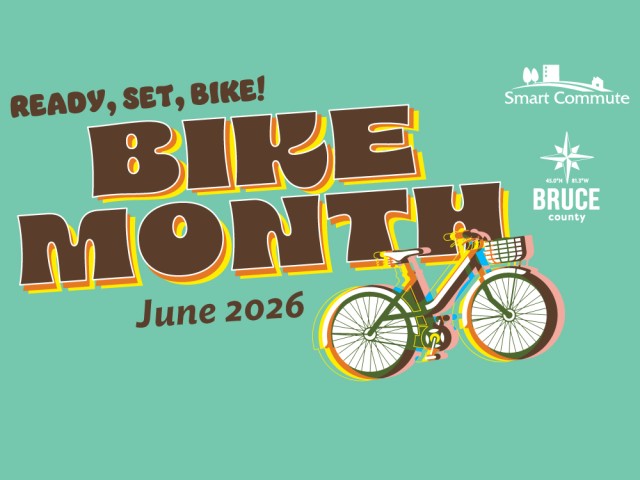 An illustrated bicycle. Logos for Smart Commute and Bruce County. TEXT: Ready, Set, Bike! Bike Month. June 2026.