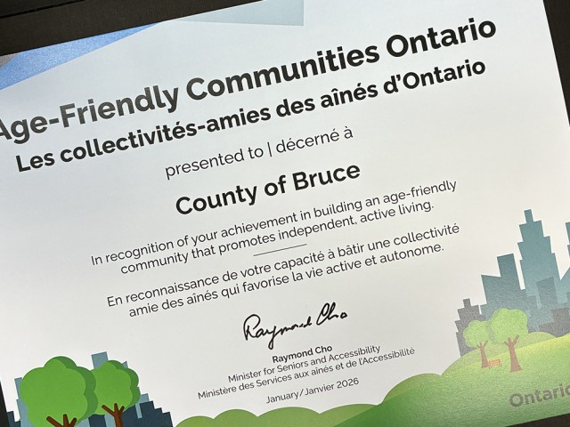 The Age-Friendly Communities Ontario certificate presented to Bruce County.