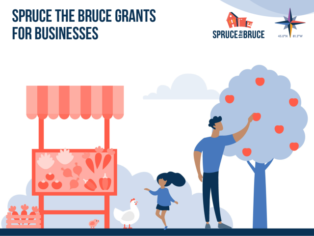 Graphic of a man and child on a farm. The young girls is playing with a chicken by the farm stand and the man is picking an apply from a tree