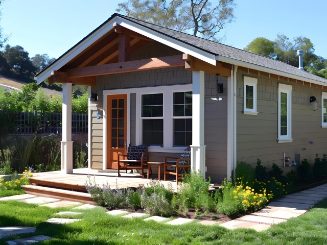 Backyard small home with two chairs on small front porch