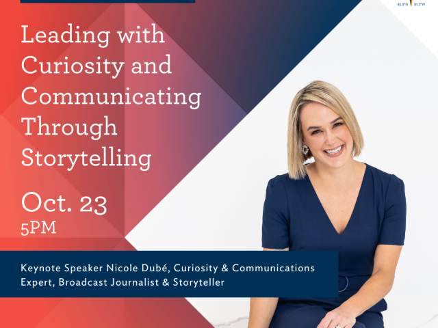 Image of Nicole Dube with text that reads: Bridges to Better Business, Leading with Curiosity and Communicating Through Storytelling
