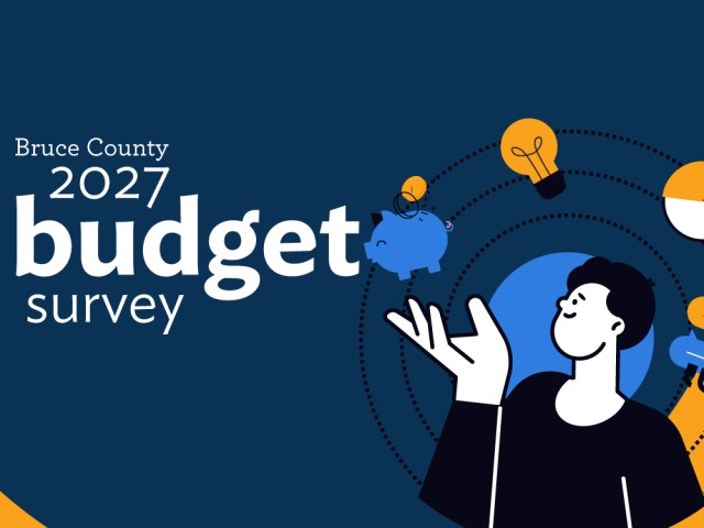 An illustration of an individual gesturing to finance-related icons including a piggy bank, a lightbulb, a pie chart, and dialogue bubbles. TEXT: Bruce County 2027 Budget Survey. 