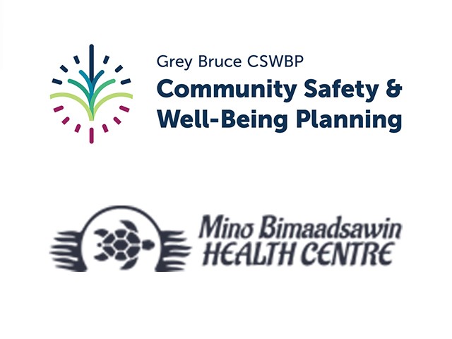Logos for Grey Bruce CSWBP Community Safety & Well-Being Planning and Mino Bimaadsawin Health Centre.