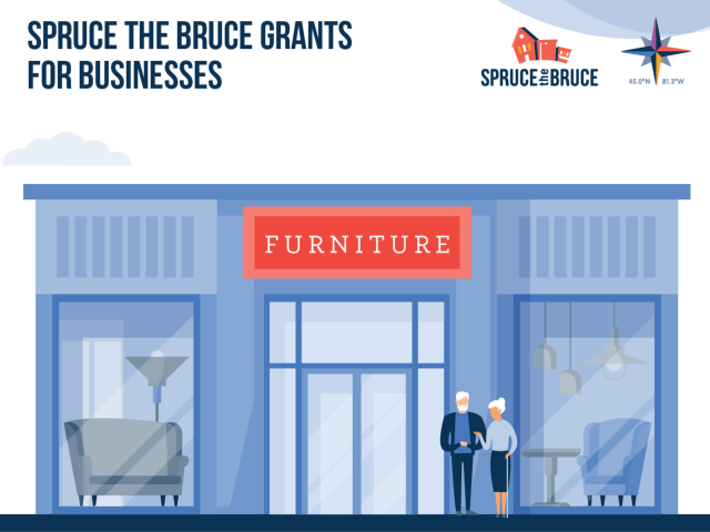 Graphic of an older couple out front of a furniture store with a fascia sign that reads Furniture