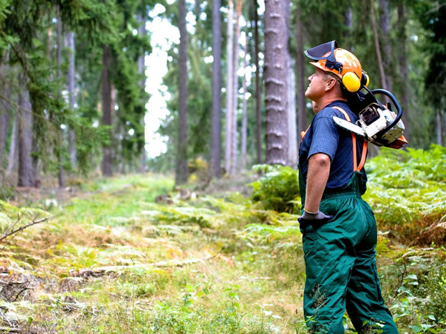 Man standing with chainsaw in hardhat looking at forest