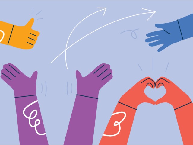 Illustrated hands in a variety of colours gesture enthusiastically.