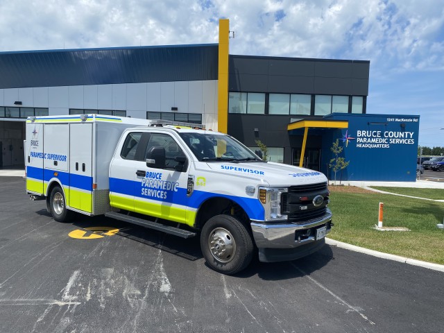 Bruce County paramedic truck pictured in front of headquarters