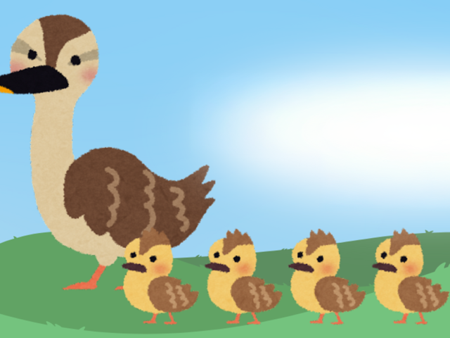 Cartoon illustration of a mother duck with four ducklings.