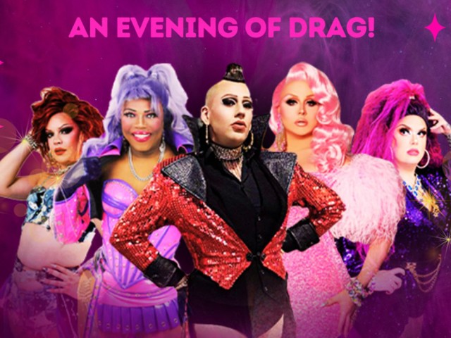 Five drag performers stand together. TEXT: An evening of drag!