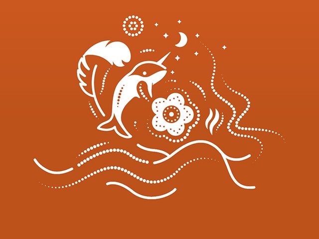 An image with white text and symbols on an orange background. The illustration features a feather, a narwhal and a flower, representing First Nations, Inuit and Métis. The symbols are surrounded by stars, a crescent moon, rising smoke, dotted patterns and flowing lines representing remembrance and the ongoing journey of reconciliation.