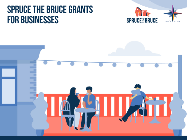 Graphic of a couple sitting at a table talking on a patio attached to a business, with another person drinking tea at a table reading the newspaper