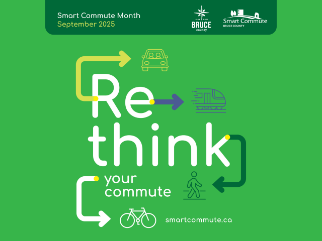 Bruce County logo and Smart Commute logo on graphic with bike and car, text says "Rethink Your Commute"