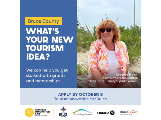 Text "What's Your New Tourism Idea?" and image of past participant, woman sitting near beach